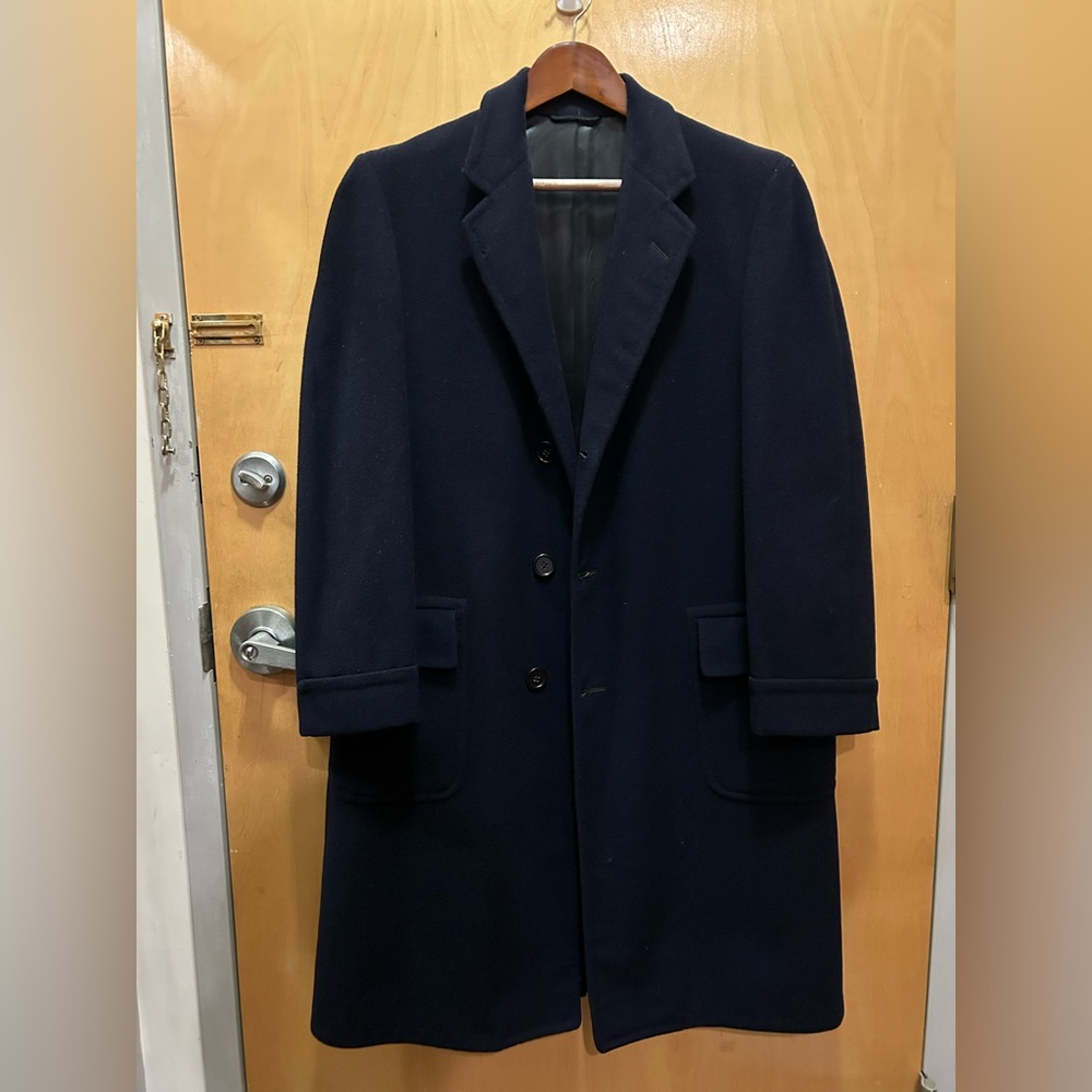 Vintage Navy Wool Cashmere Overcoat Patch Pockets USA Union Made